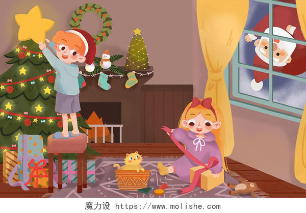 圣诞夜圣诞老人在偷看孩子们装扮房间圣诞节背景海报素材